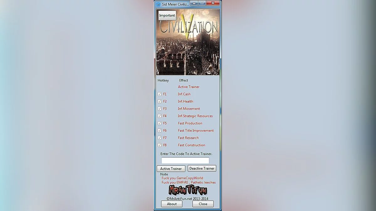 Sid Meier's Civilization 5 — Трейнер / Trainer (+8) [1.0.3.142] [MrAntiFun]