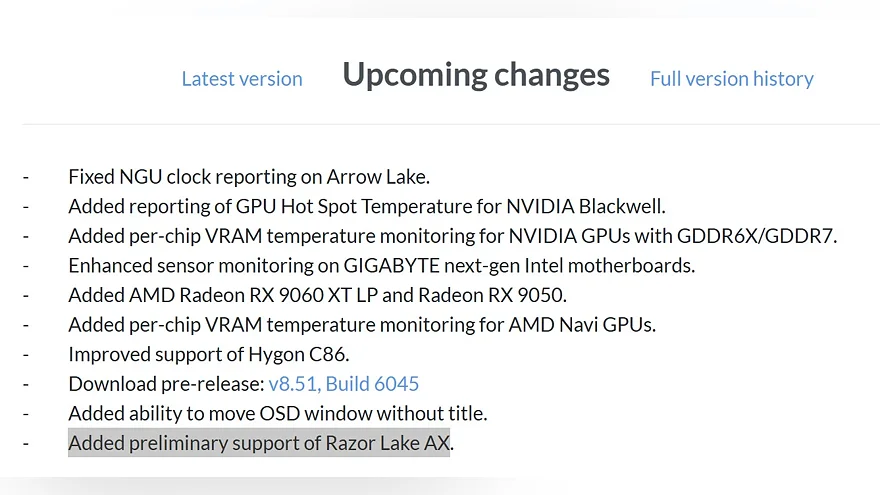 Список изменений HWiNFO с Razor Lake AX