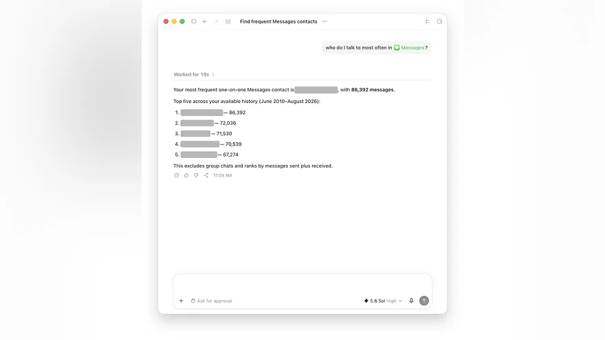 ChatGPT ищет частые контакты в Messages