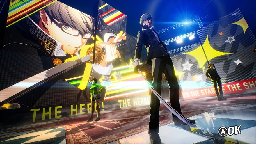 Персонажи Persona 4 Revival на сцене с неоновыми огнями