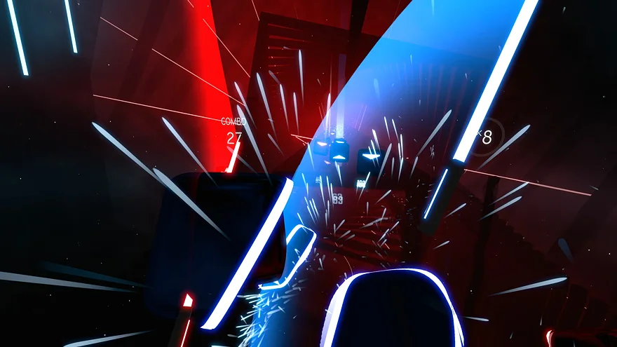 Игровой процесс Beat Saber с неоновыми мечами и блоками