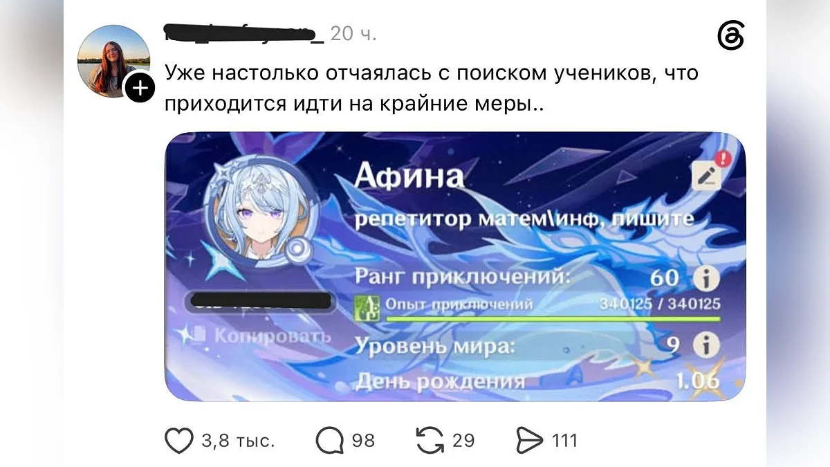 «Приходится идти на крайние меры»: репетитор ищет учеников там, где они действительно сидят — в Genshin Impact