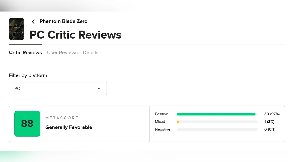 Средняя оценка Phantom Blade Zero на Metacritic