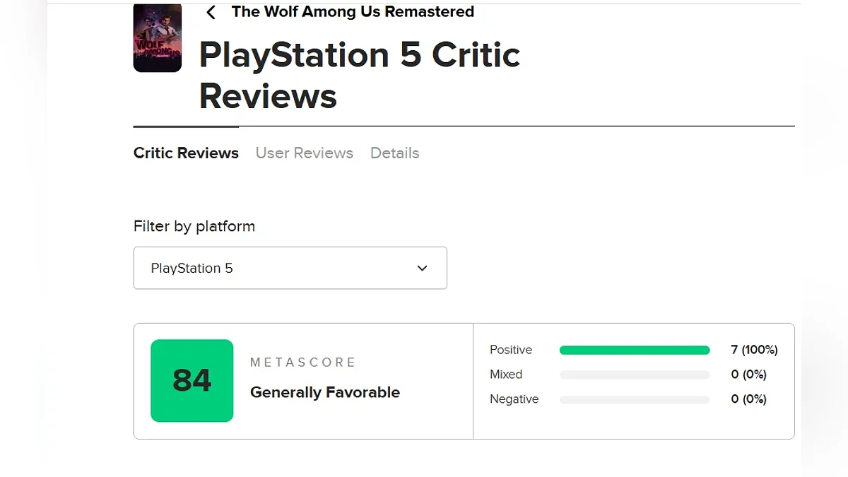 Средняя оценка The Wolf Among Us Remastered на Metacritic